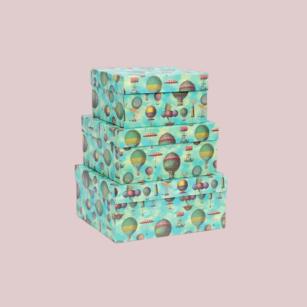 3 stk eksklusive Italienske æsker, print med luftballoner: 18x14x12cm + 21x17x13cm + 24x20x14cm