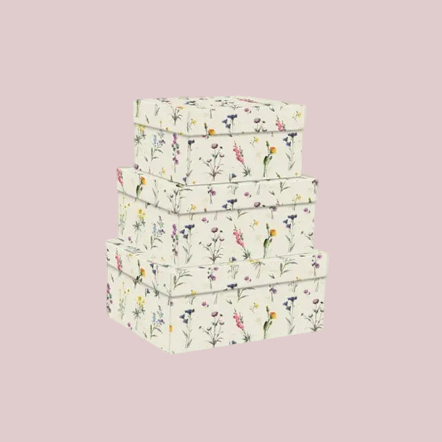 3 stk eksklusive Italienske æsker, print med vilde blomster: 18x14x12cm + 21x17x13cm + 24x20x14cm