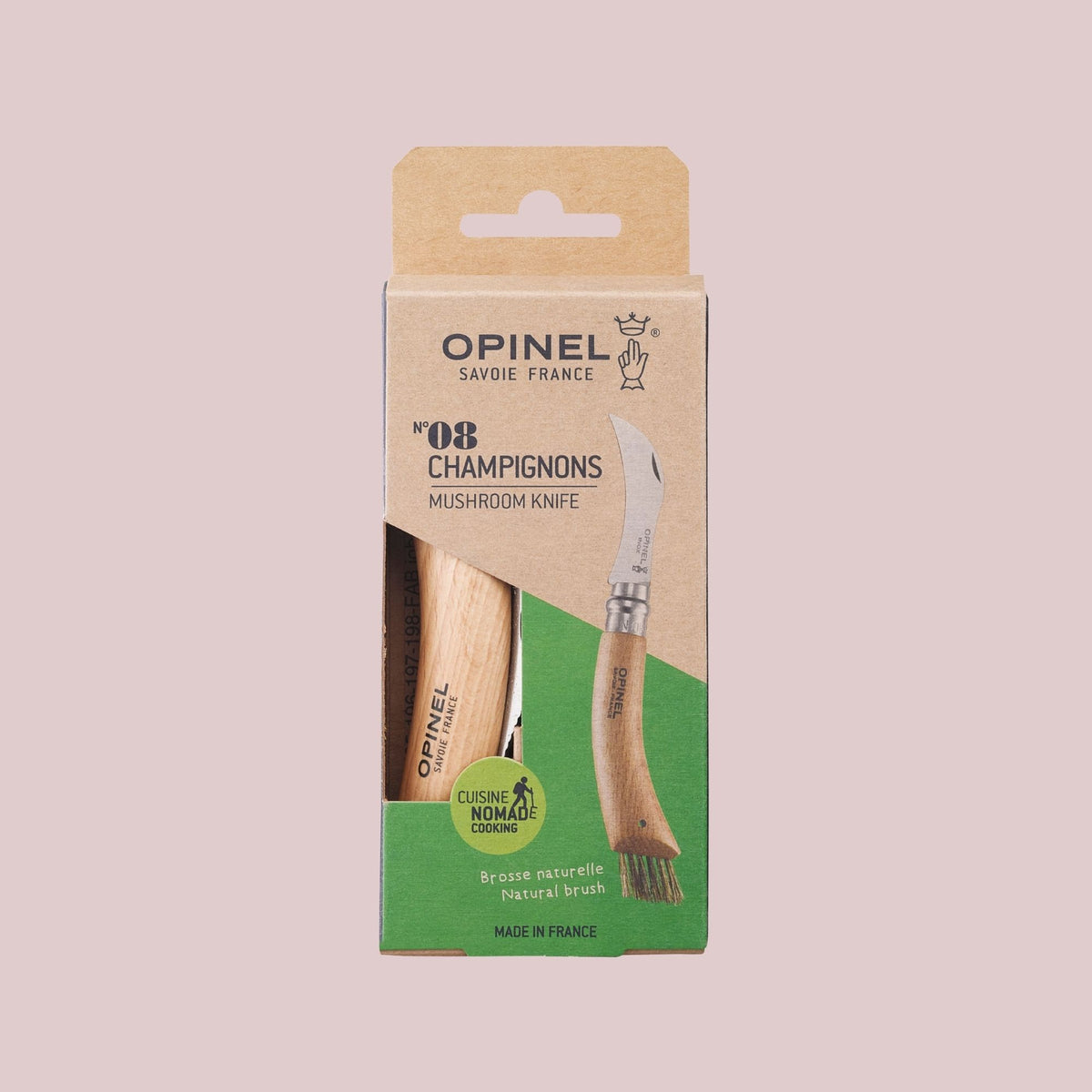Opinel N°08 svampekniv i bøgetræ med børste og rustfri stålklinge