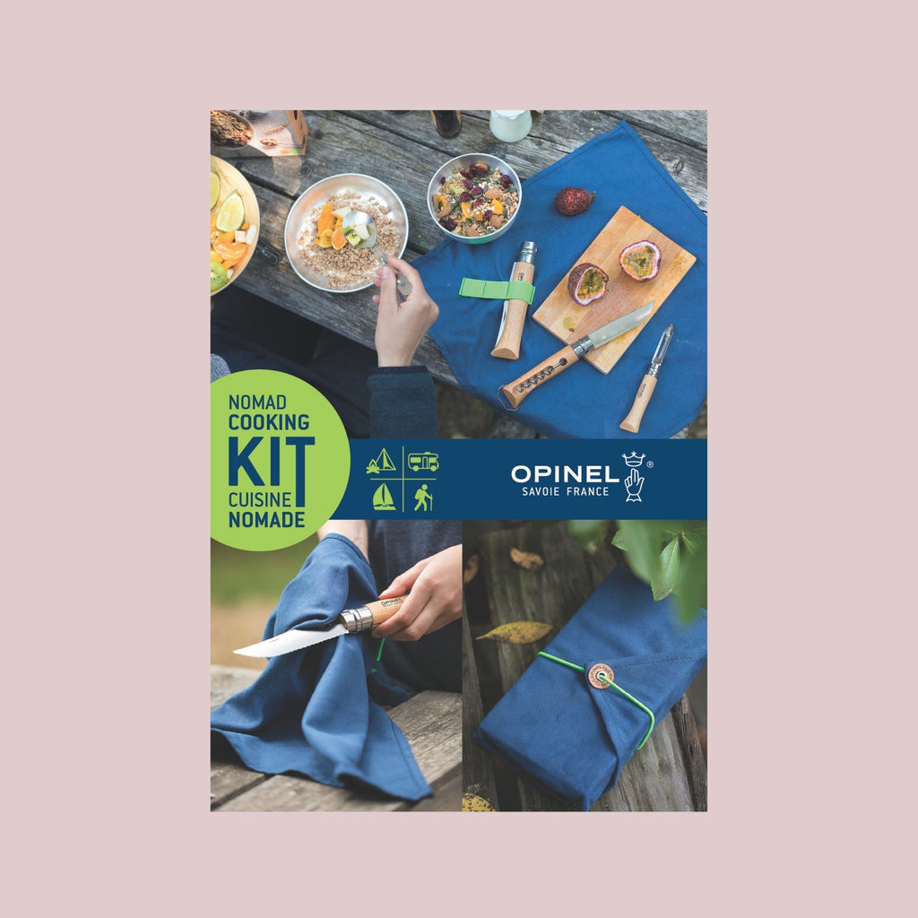 Opinel Nomad Cooking Kit med tre foldeknive, skærebræt og mikrofiberklud