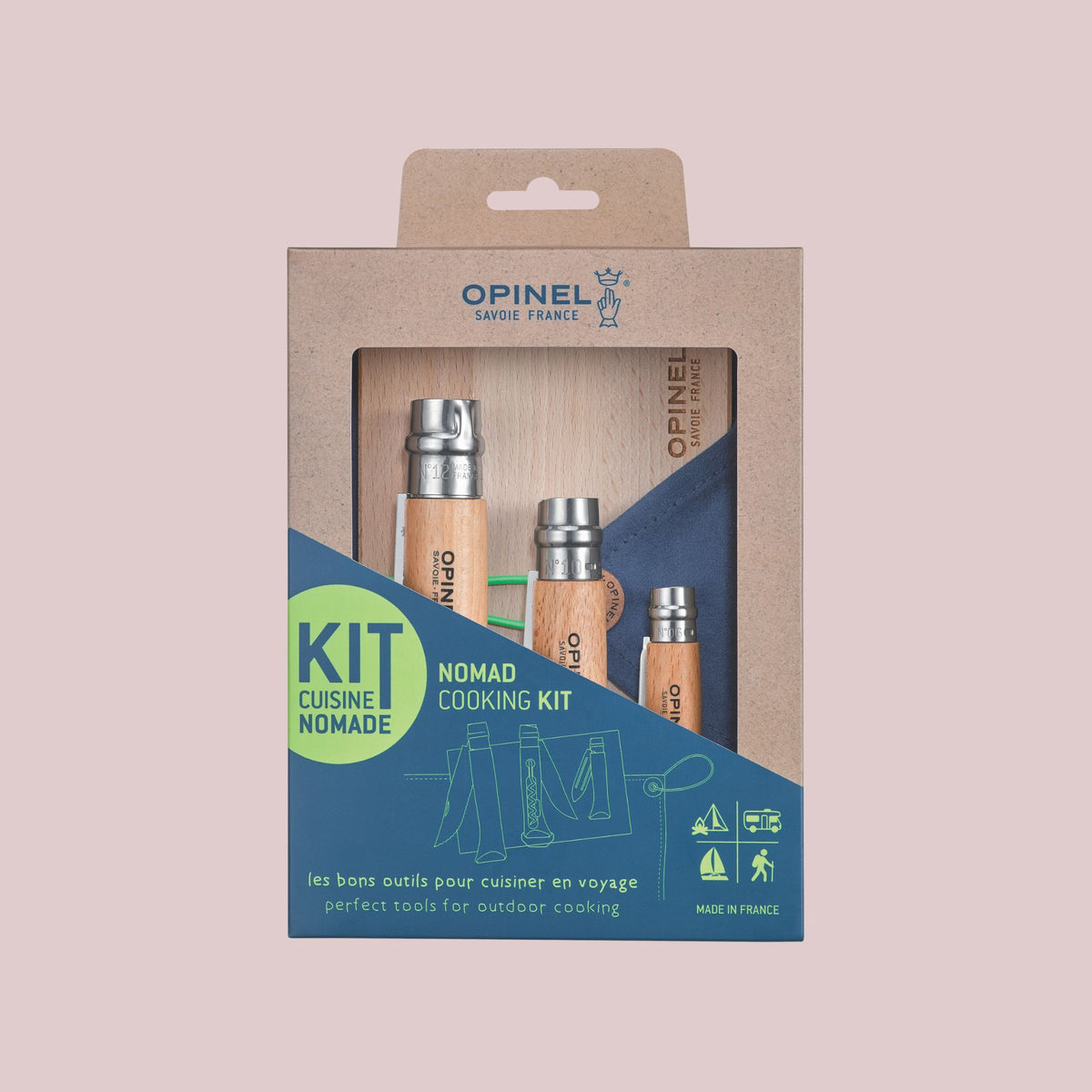 Opinel Nomad Cooking Kit med tre foldeknive, skærebræt og mikrofiberklud