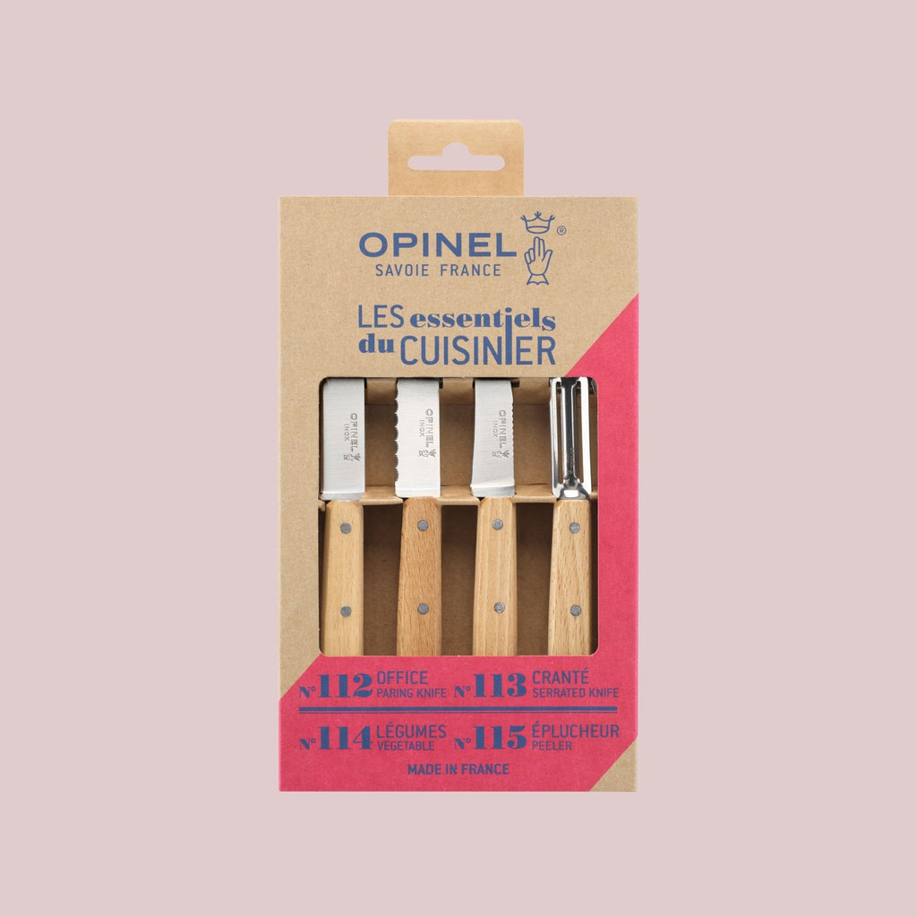 Opinel Les Essentiels sæt med 4 køkkenknive i bøgetræ og rustfri stålklinger