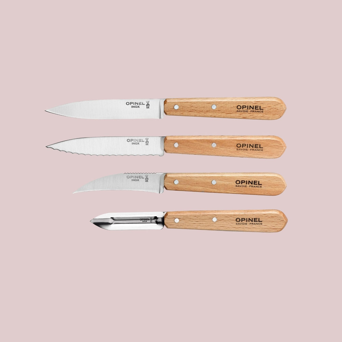 Opinel Les Essentiels sæt med 4 køkkenknive i bøgetræ og rustfri stålklinger