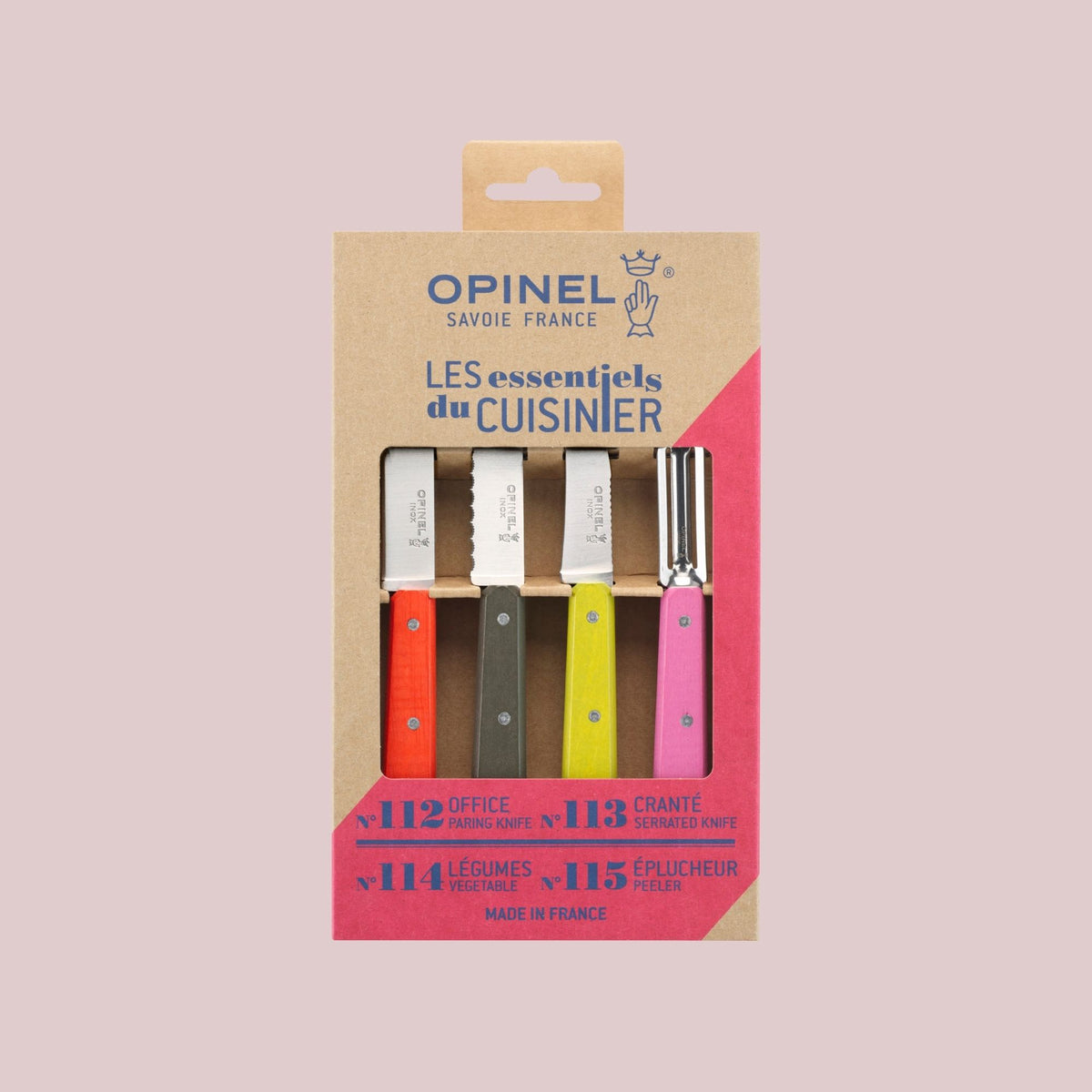 Opinel Les Essentiels Fifties sæt med 4 farverige køkkenknive i avnbøg