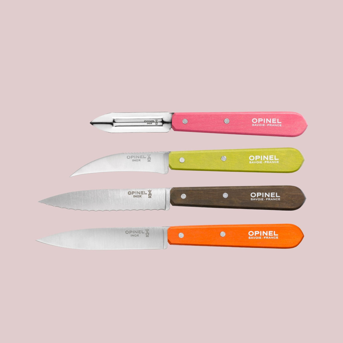 Opinel Les Essentiels Fifties sæt med 4 farverige køkkenknive i avnbøg