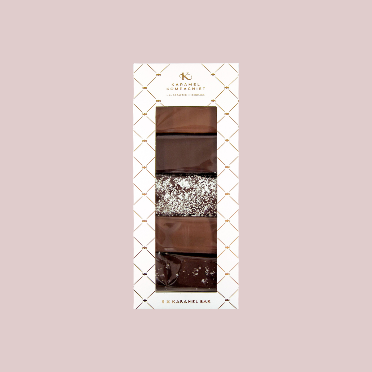 Karamel Kompagniet gaveæske med 5 chokoladeovertrukne karamelbarer 250 g – håndlavet på Bornholm