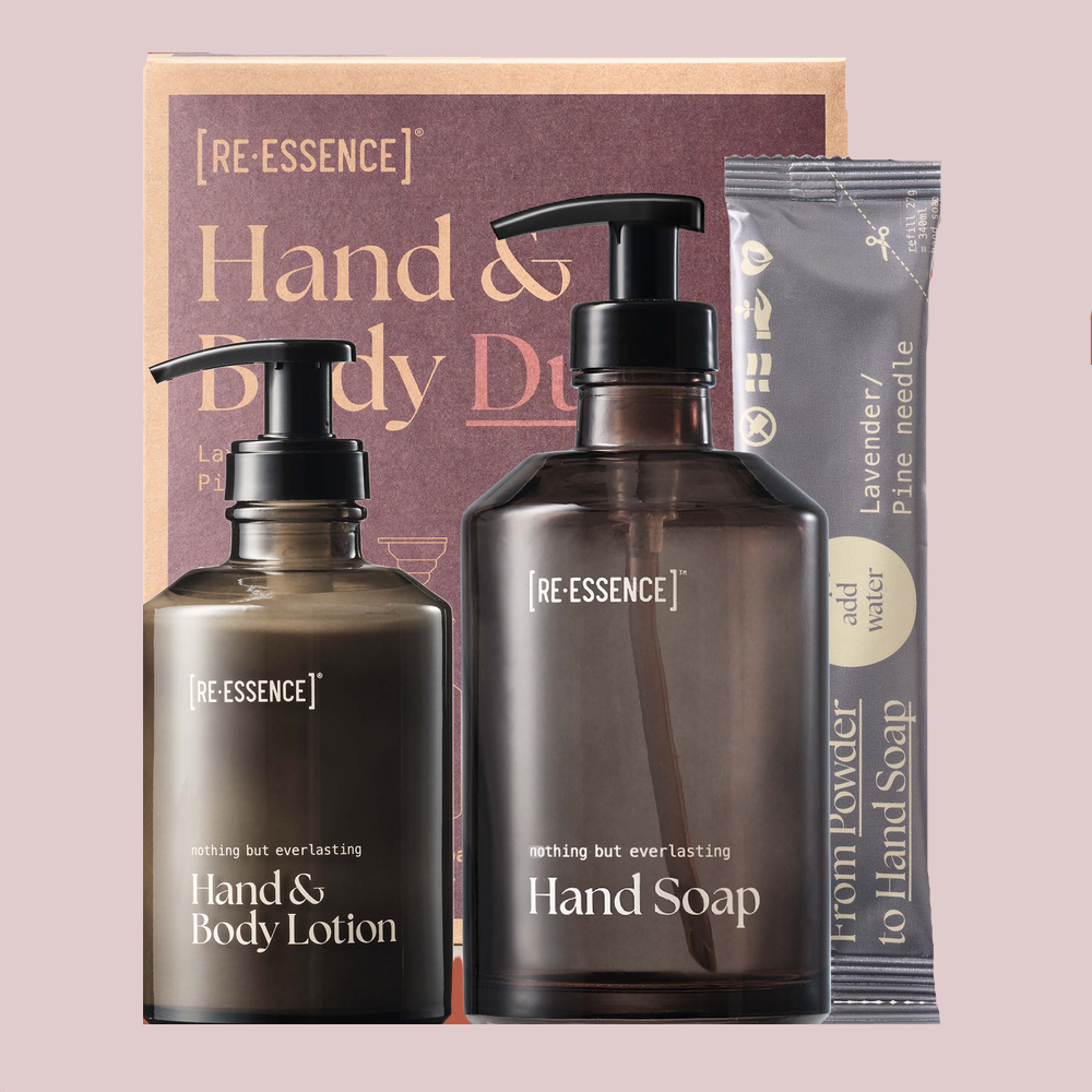 Re-Essence: Sæbedispenser til håndsæbe incl. 2 stk. refills, Lavendel/Fyrrenåle