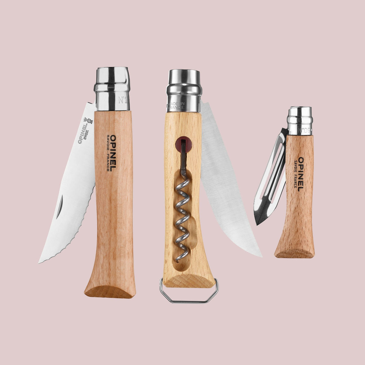 Opinel Nomad Cooking Kit med tre foldeknive, skærebræt og mikrofiberklud