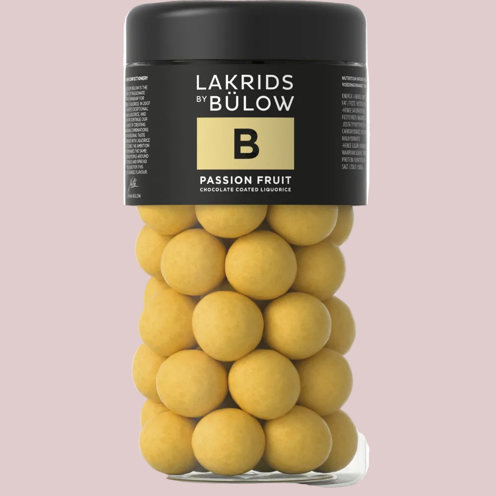 B Sød lakrids overtrukket med passionsfrugt, hvid chokolade og sukker 270g, Lakrids by Bülow