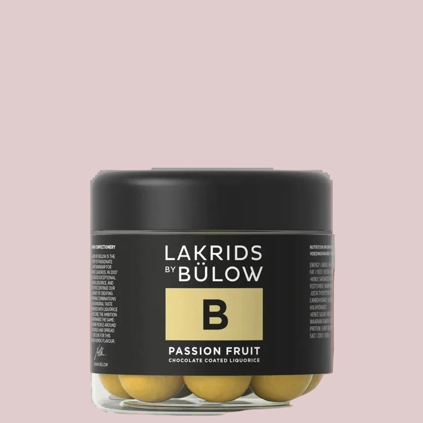B Sød lakrids overtrukket med passionsfrugt, hvid chokolade og sukker 115g, Lakrids by Bülow